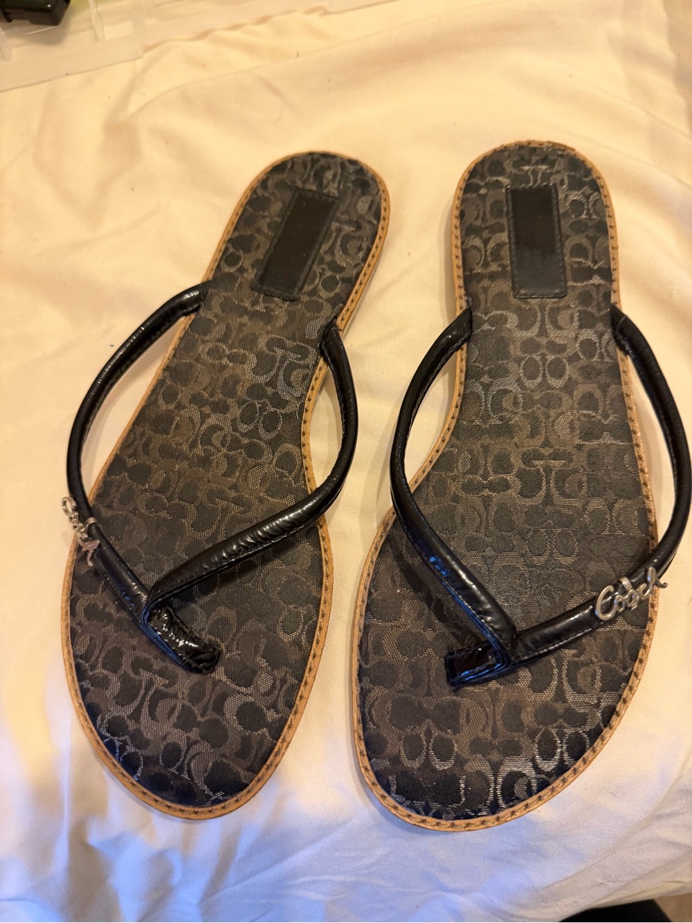 Coach Black Logo-Print Thong Sandals with Tan Trim